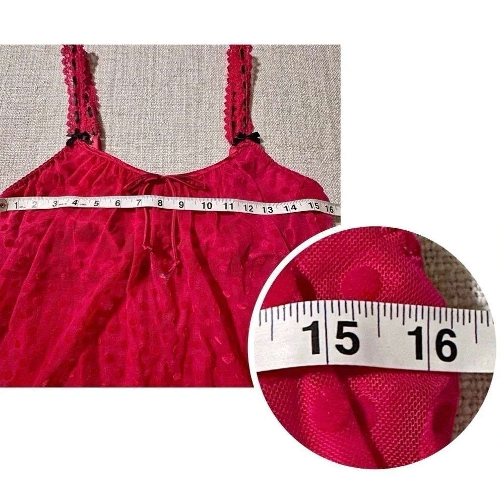 LINEA DONATELLA Entice Me Red Dot Semi Sheer Chemise Lace Bra Cami Women's M